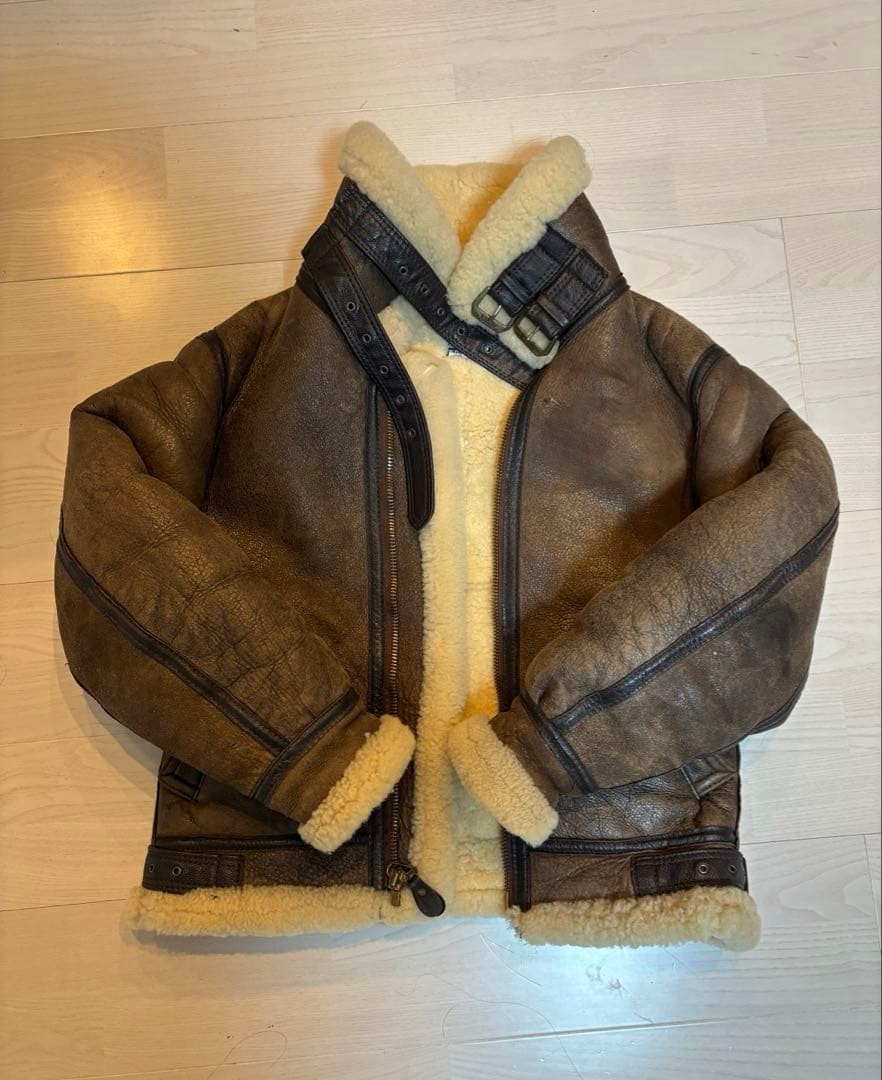 【羊革】アヴィレックス ムートン ライダースジャケット 茶色 36 本革 AVIREX（アヴィレックス） ムートンジャケット レザージャケット B-3