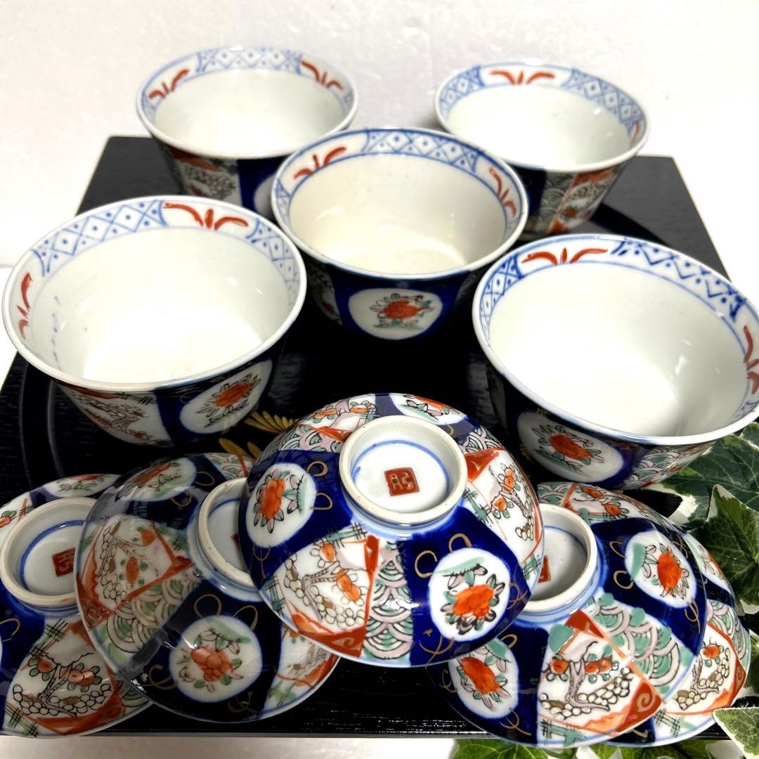 骨董品 古伊万里 月弓 金彩染錦窓絵 青海波紋 蓋付鉢 丼茶碗 有田焼