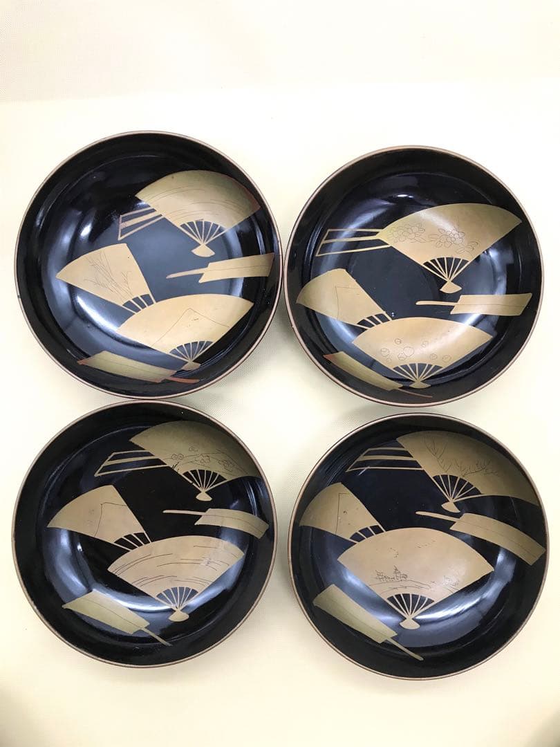 古い小皿揃え 小鉢 蒔絵 木製黒塗 漆塗 おせち 扇子絵 レトロ 木皿 骨董