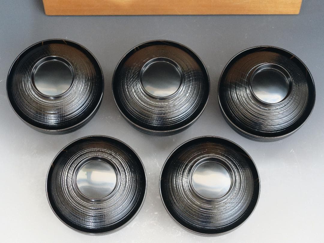 輪島塗】輪州造 日之出蕨波（わらびなみ）蒔絵 椀 五客揃 天然木 共箱