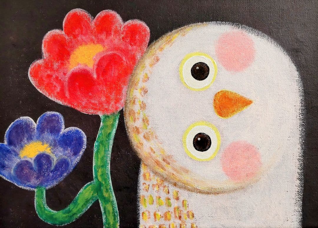 原画 フクロウ 花 福 幸せ アクリル画 キャンバス(F4号)『かもね