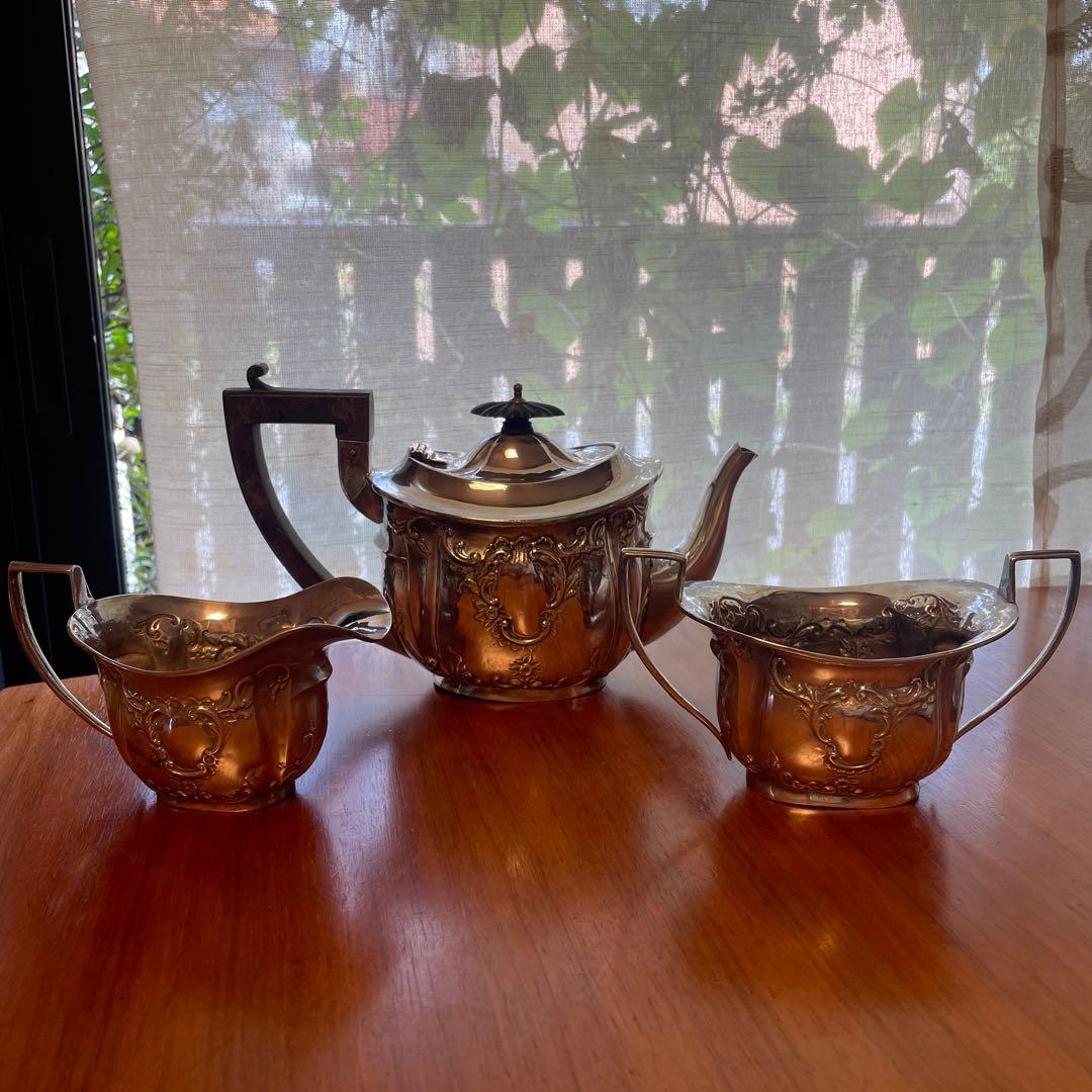 英国製　純銀　アンティーク ティーセット 3点セット 英国アンティーク銀器【純銀】ティーセット3点 Edinburgh