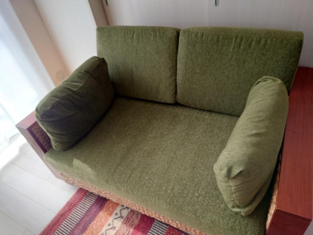 【送料込み】南国風オリーブグリーン ウィッカーソファ