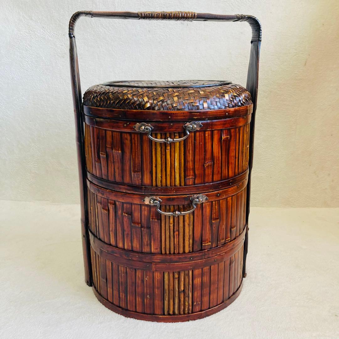 竹編み籠☆特大★茶籠☆煎茶 飾り 堤藍 三段籠 中国 農具　 　自然竹バスケット 籐の大正バスケット 煎茶籠｜古雑貨,籠 バスケット｜古家具