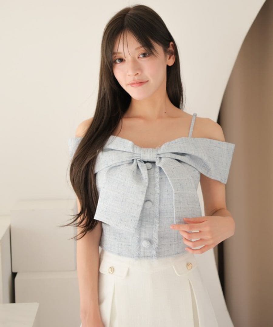 ツイードリボンオフショルトップス ブルー リップサービス LIP SERVICE ツイードリボンオフショルトップス