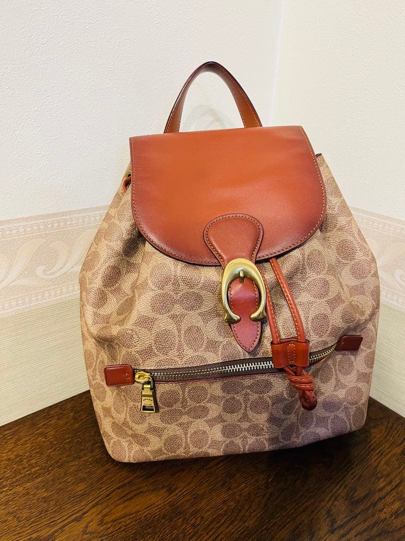 Coach リュック ベージュ/ブラウン コーチ リュック ベージュ ブラウン シグネチャー 68563 美品 PVC