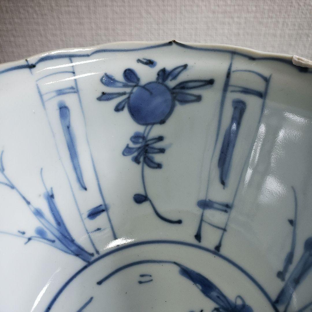 古染付 染付南京 鉢 丼 芙蓉手 中国古美術 明朝末期 ガラス継ぎ 欠け