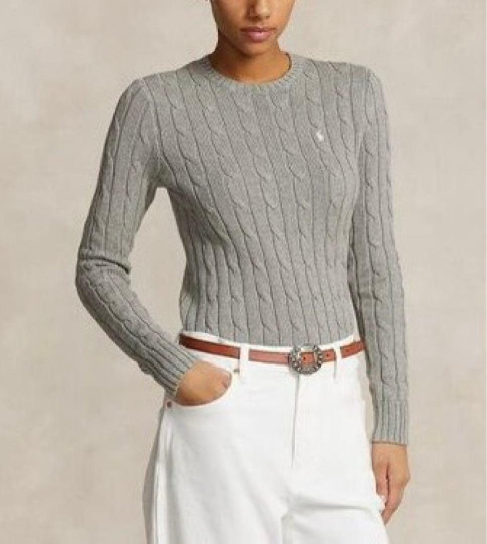 ポロ ラルフ ローレ　ケーブルニットコットンクルーネックセーター　グレー