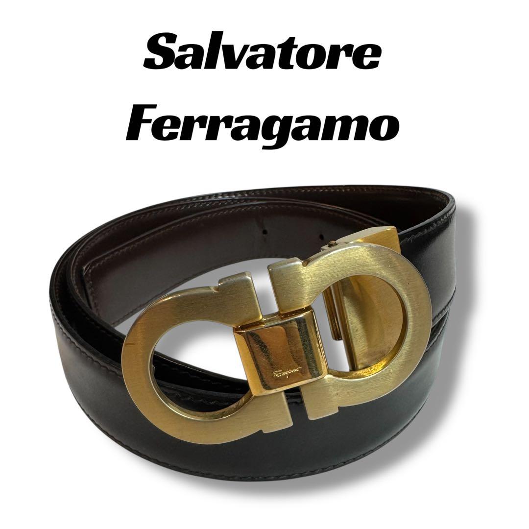 【良品】フェラガモ　ガンチーニ　ベルト　ブラック×ブラウン.