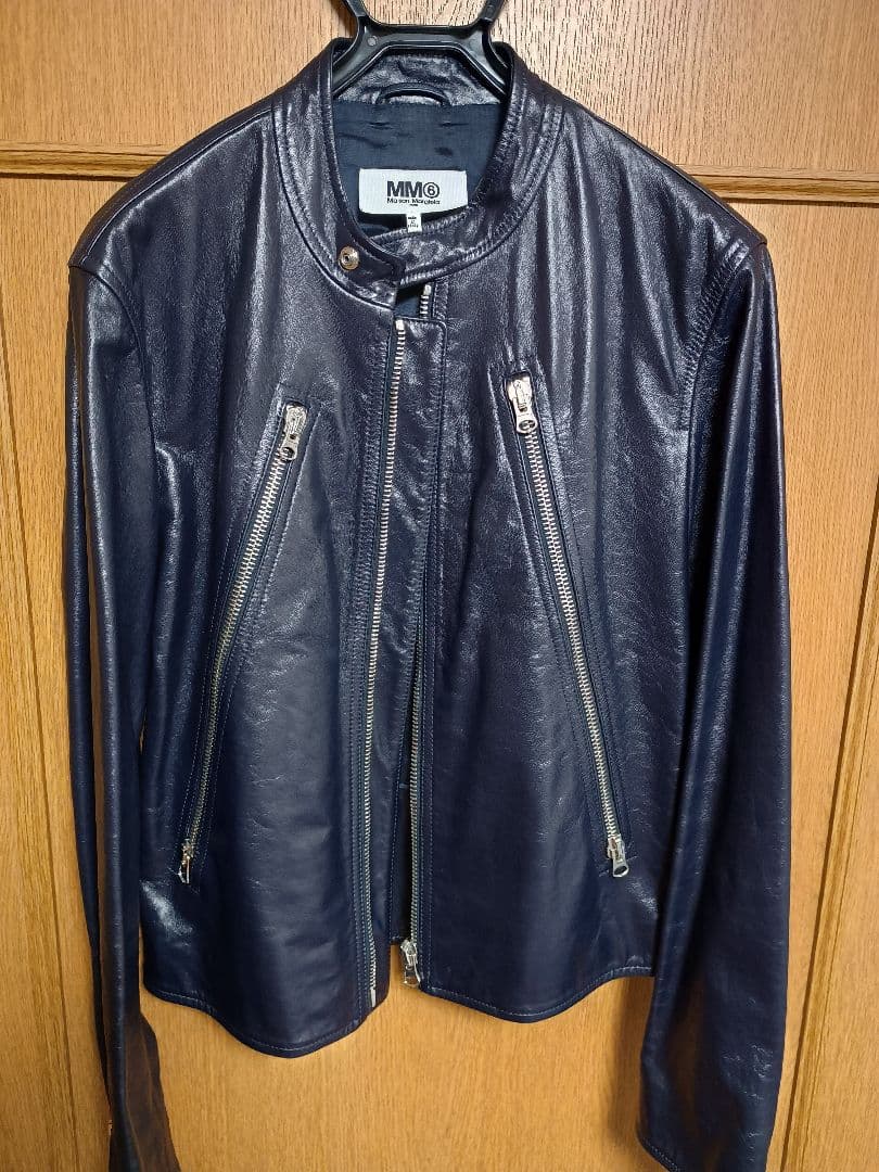 MM6 ネイビー レザー ハの字ライダースジャケット