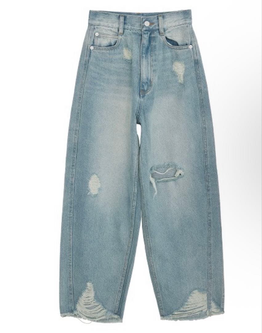 AMERI HEM FRINGE EGG DENIM PANTS ブルー26