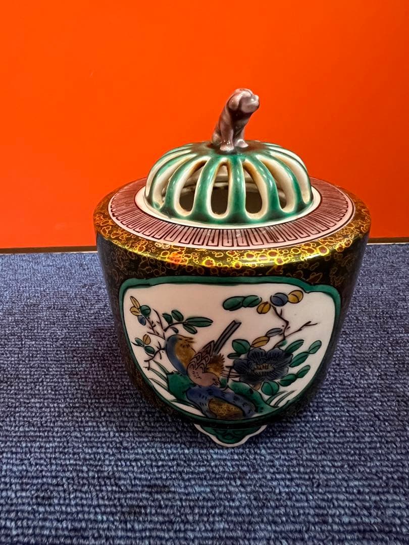 1213 九谷焼　花鳥風景文　香炉　古九谷　時代物