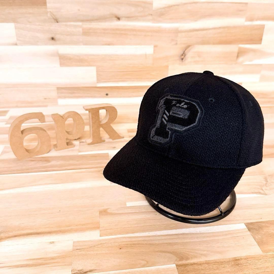 レア/廃番【ポロラルフローレン】パイル Pロゴ ウール ブレンド キャップ黒×紺