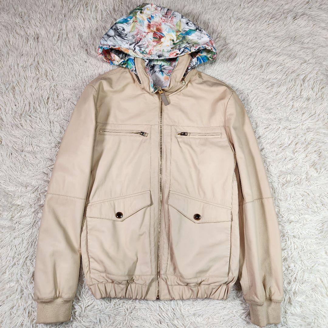希少 4way エトロ ラムレザージャケット リバーシブル ベージュ・花柄 L