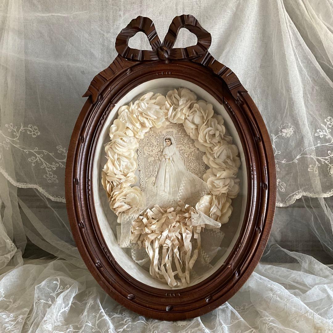 フランス　アンティーク　コミュニオン　布花　花冠　特大カニヴェ　リボン