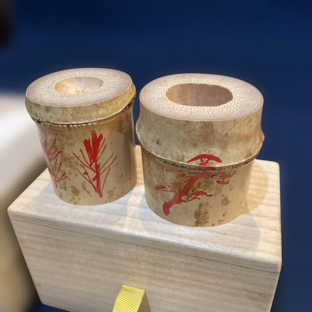 竹田 益州】(和尚)花押・箱書『竹蓋置 一双』【高野 宗陵】(作)共箱※美