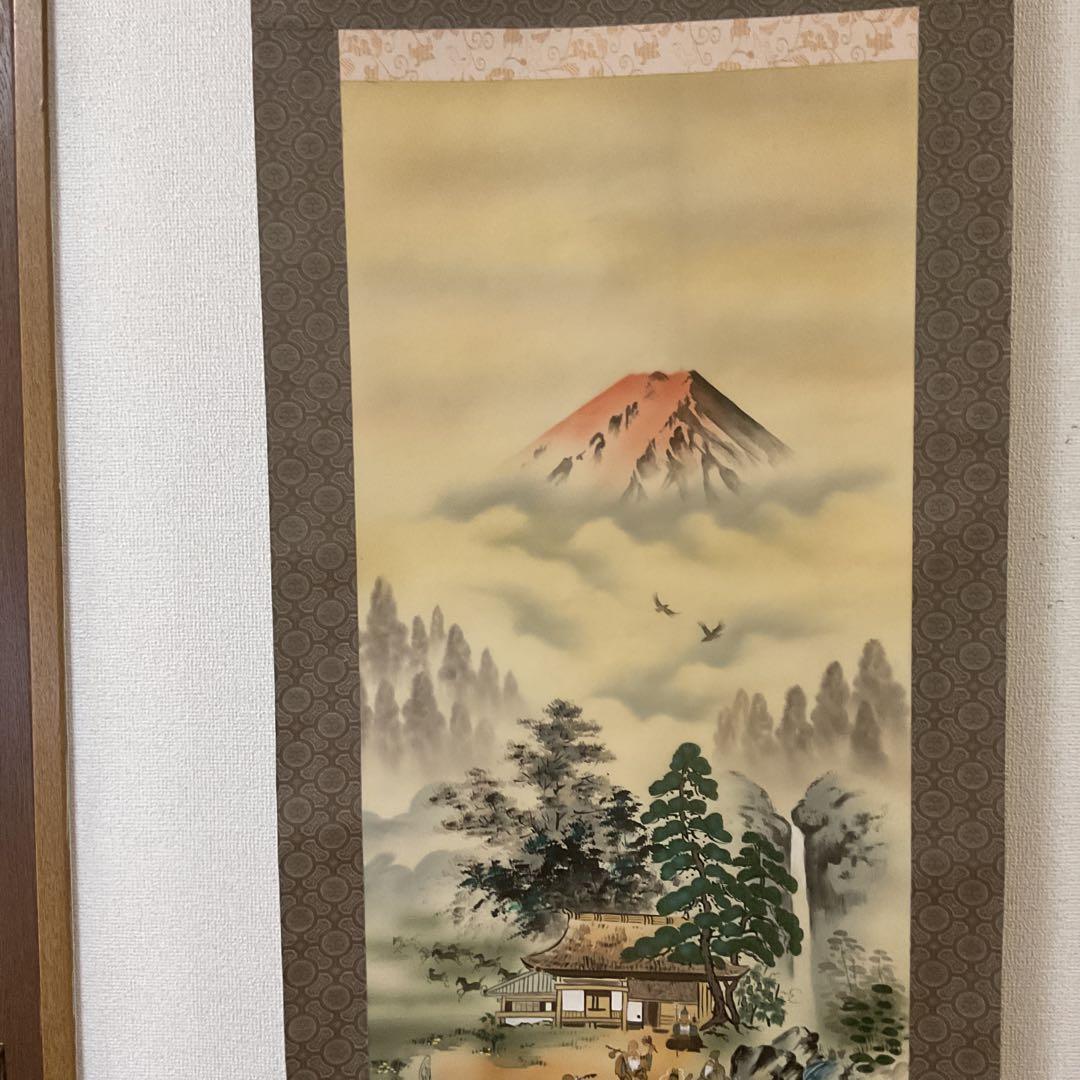 月 庵 筆 絹本彩色画 祝い軸 【七福神に富士図 】 軸先紫檀 月 庵 筆 絹本彩色画 祝い軸 【七福神に富士図 】 軸先紫檀