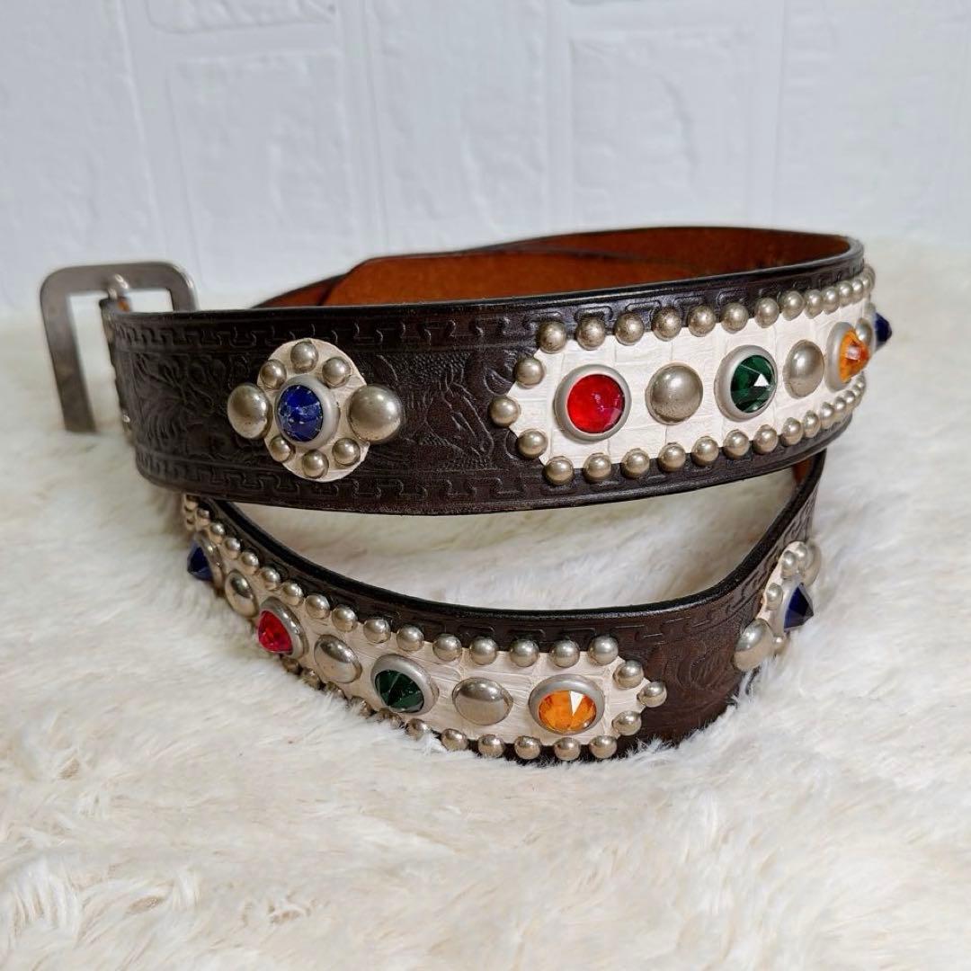 【希少デザイン】カウレザー　本革　スタッズ　ビジュー　ウエスタンベルト　メンズ