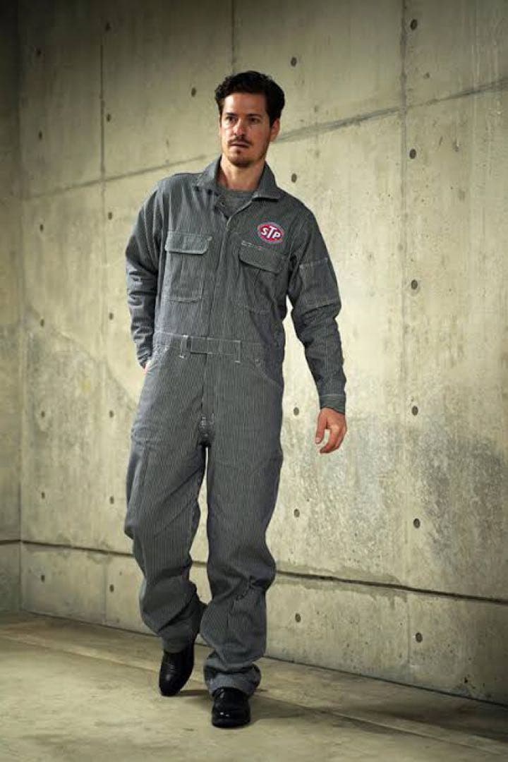 【超美品】STP（エスティーピー）刺繍ロゴ ヒッコリーカバーオール 長袖ツナギ