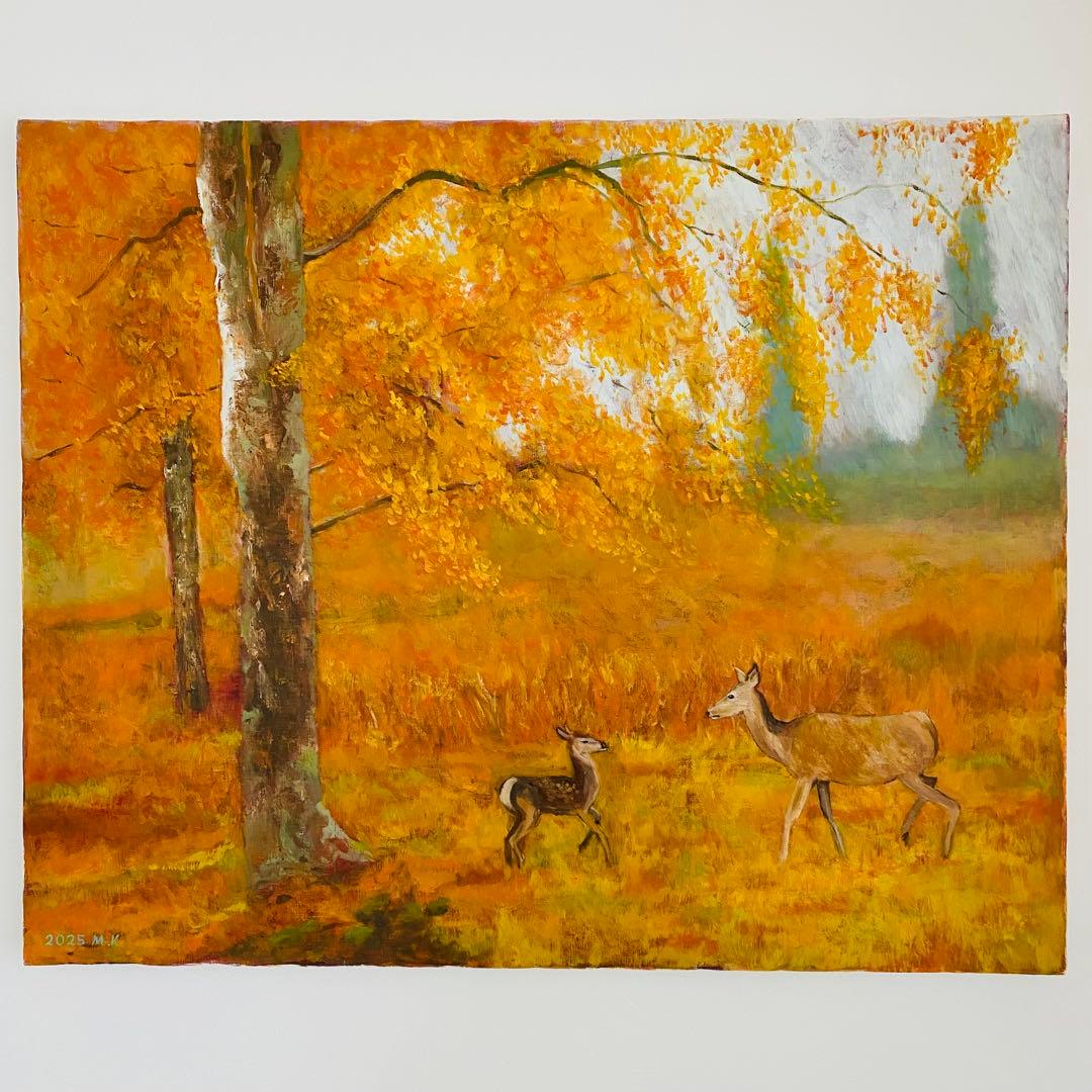 鹿の親子 F25油彩画 風景画 絵画 oil painting art