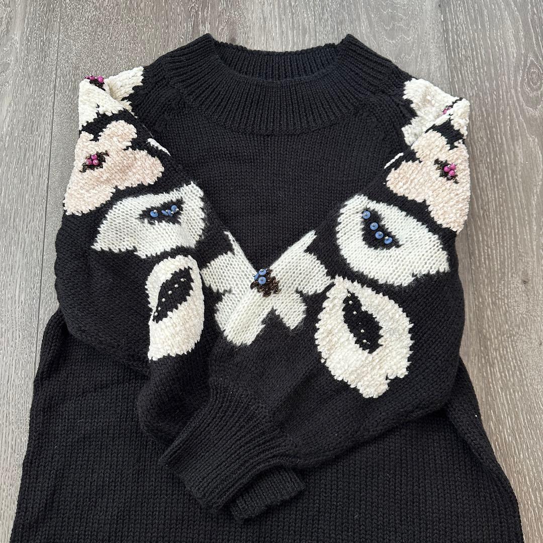 美品 ビアズリー 花ジャガードニット ビーズ ブラック - メルカリ