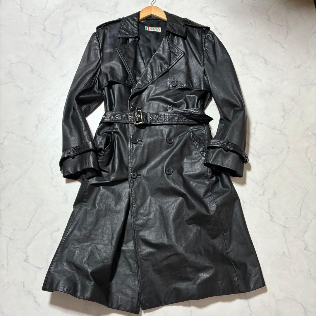 美品✨VINTAGE レザー トレンチコート ロング ダブル ベルト 黒 L位