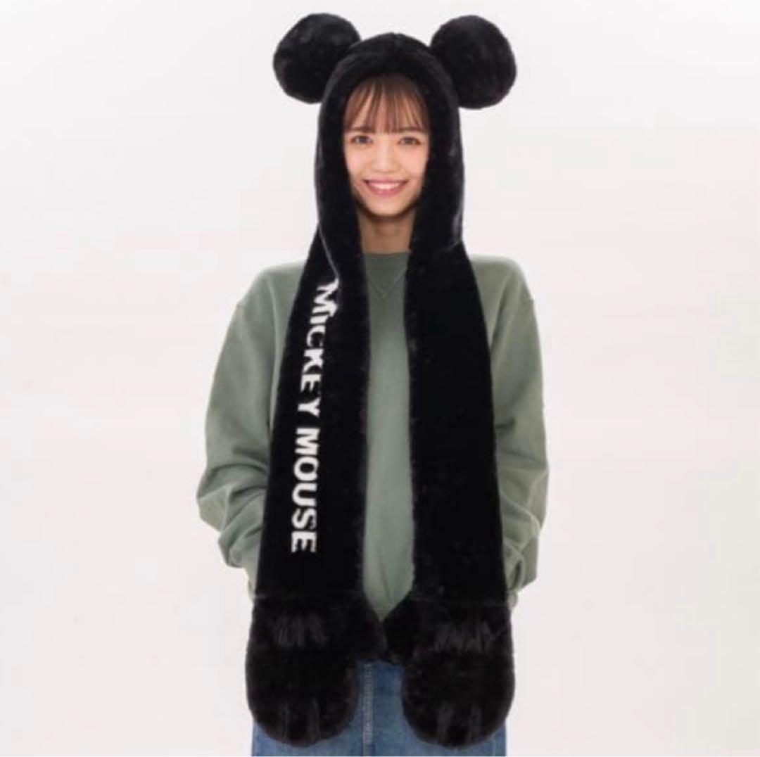 ディズニーファンキャップ ミッキー 帽子 耳付きマフラー 手袋付き 黒