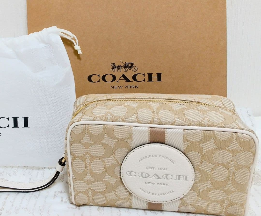 COACH コーチ シグネチャー ベージュ コスメポーチ 保存袋・箱付き