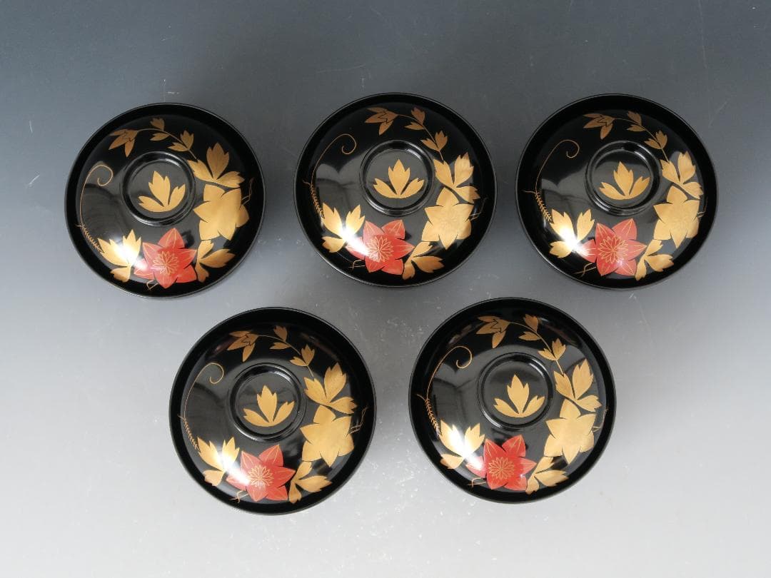 輪島塗】鉄仙蒔絵 吸物椀 黒塗 見返し蒔絵 五客揃 天然木 共箱 - メルカリ