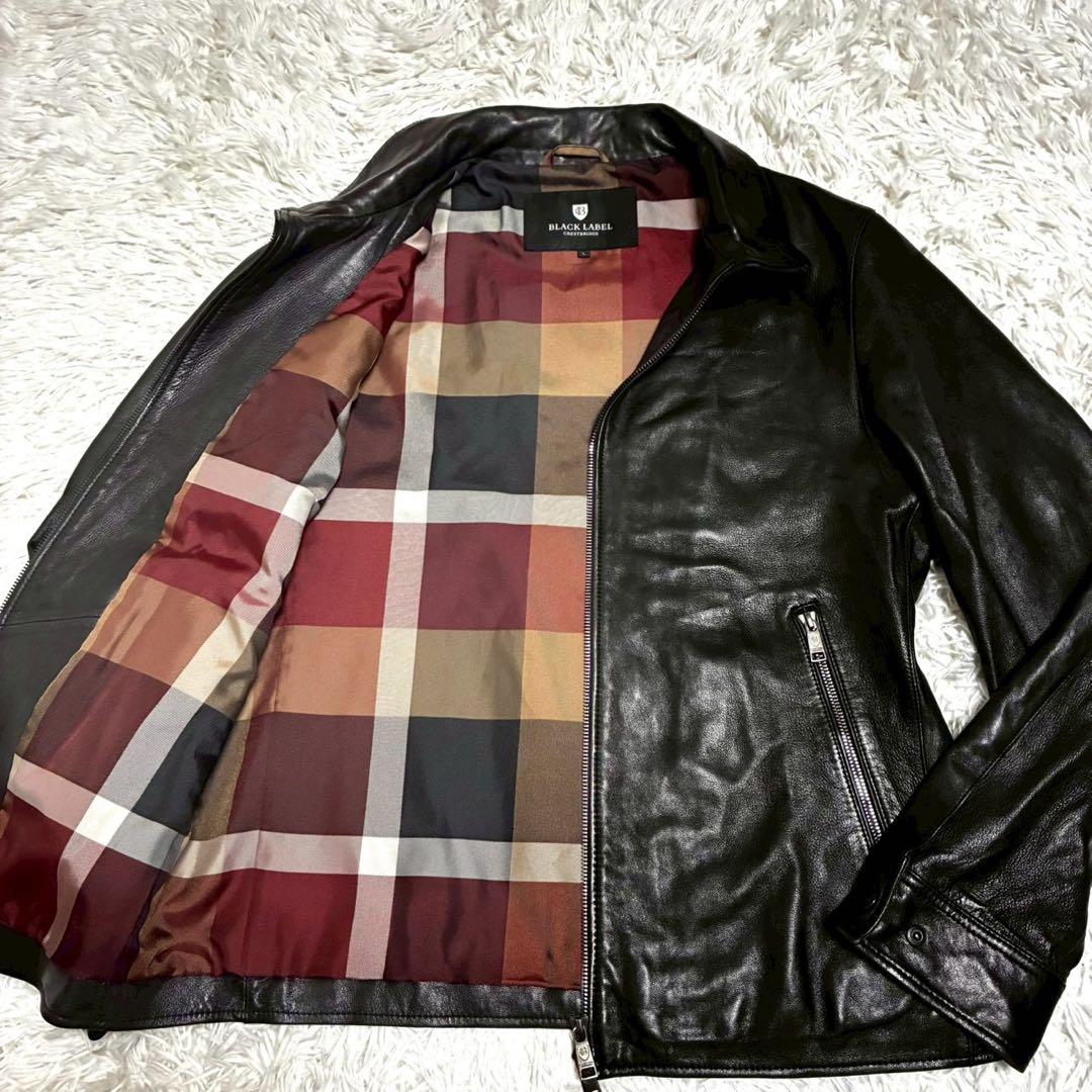 美品/L⭐️ブラックレーベルクレストブリッジ　レザージャケット　艶感　チェック　黒