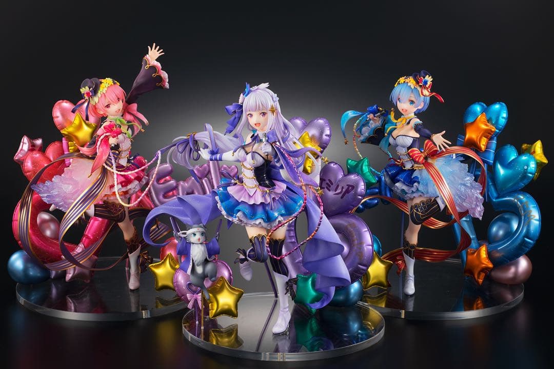 最終値下【新品・未開封】エミリア・レム ・ラム アイドルver. 3体+特典台座 アニメ『リゼロ』スケールフィギュア「エミリア・ラム・レム -アイドル