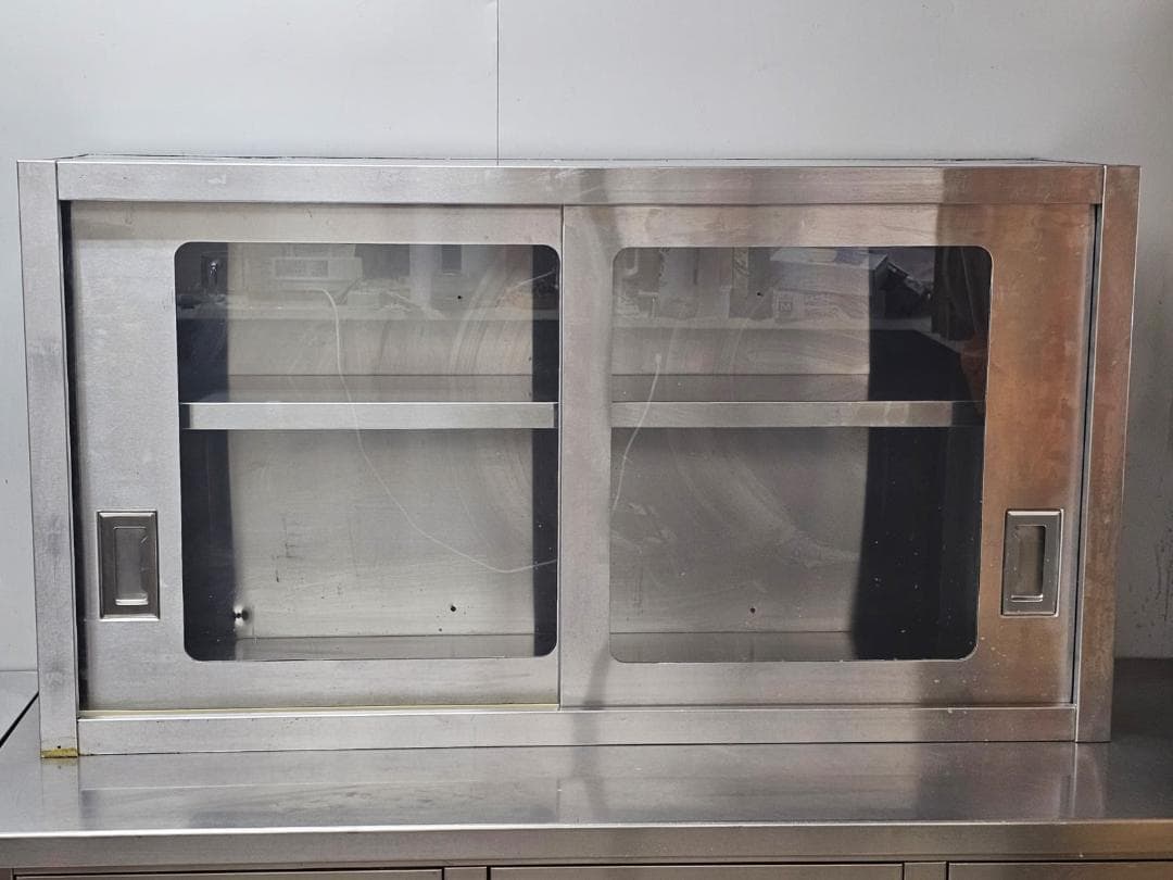 業務用ステンレス吊り戸棚 ガラス引き戸付き（幅120×奥行35×高さ64cm）