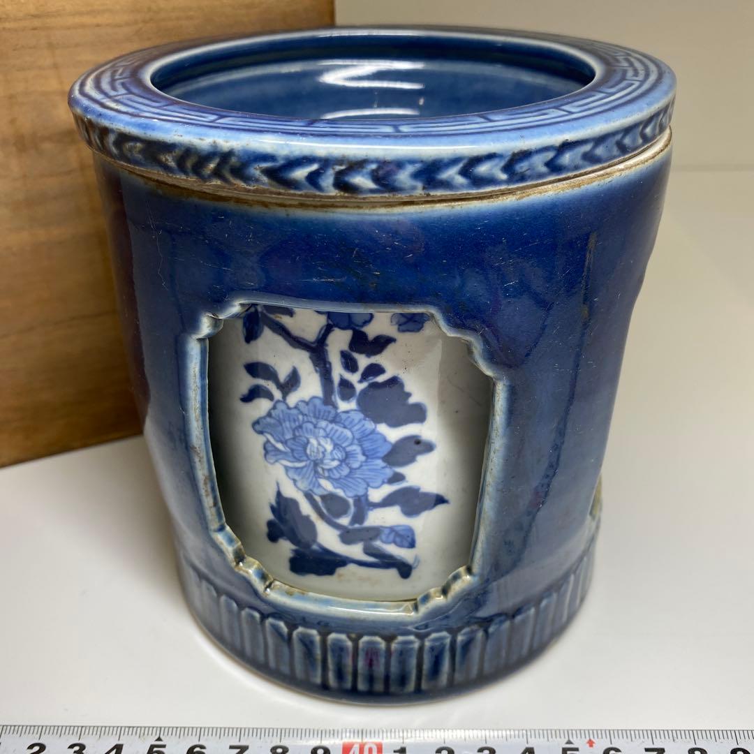 中国清時代　大清乾隆年製　瑠璃青花筆筒　木箱付　東Y7-0331☆2Fトニオ