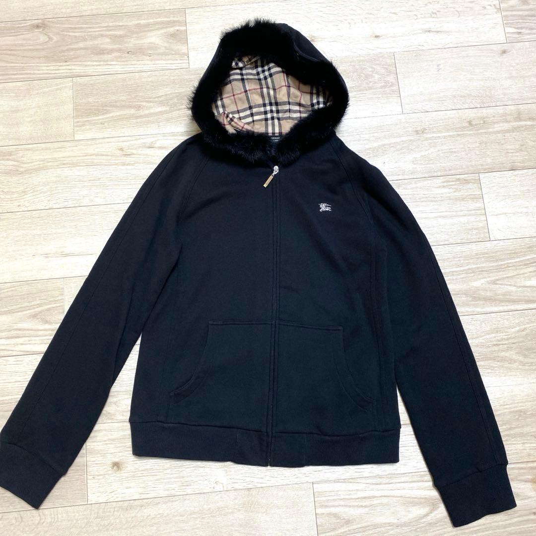美品✨バーバリーブラックレーベル 黒パーカー ノバチェック ラビット