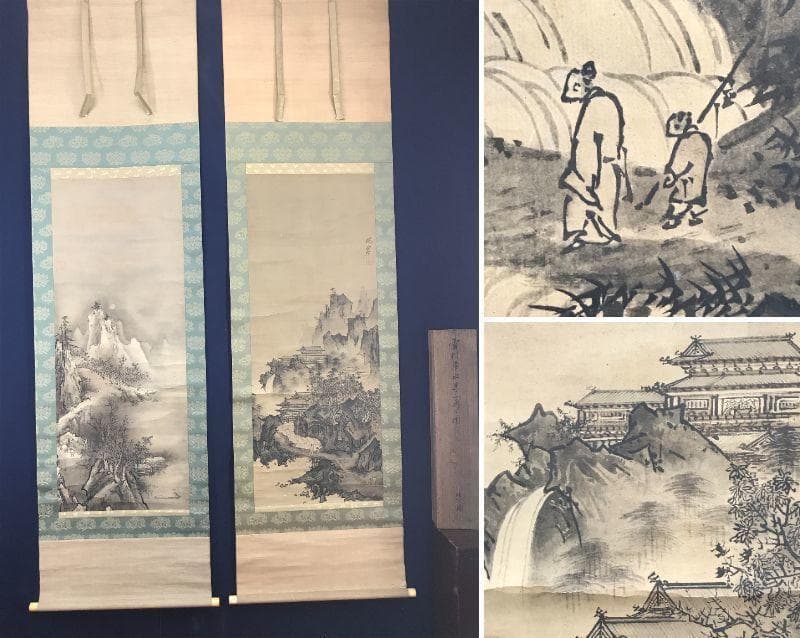 【模写】雪村/秋冬楼閣山水図/山水図/人物図/双幅/掛軸/名家伝来/AC-533 秋冬山水図 文化遺産オンライン