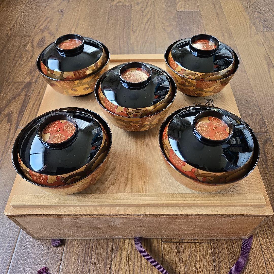 伝統工芸 輪島塗漆器 豪華梅柄蒔絵 吸い物椀 5客セット