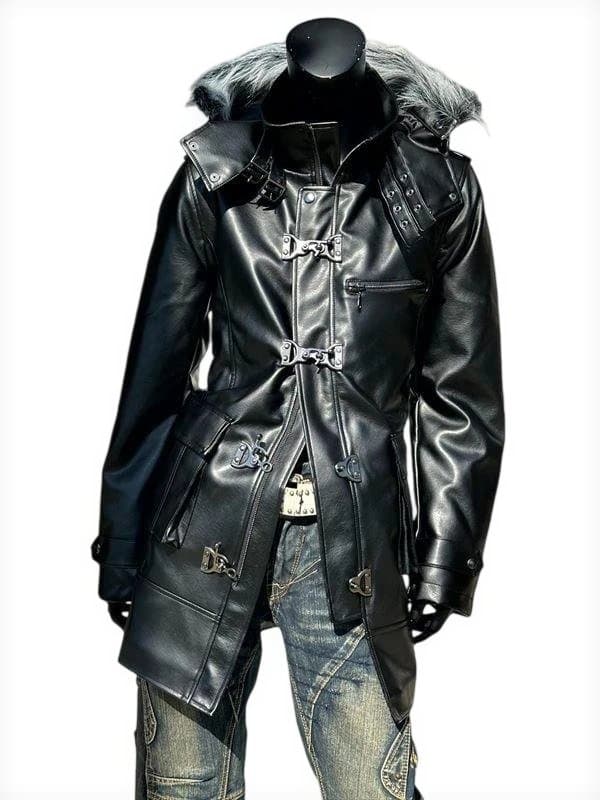 PUレザー セミロング ファーコート★ブラック★L