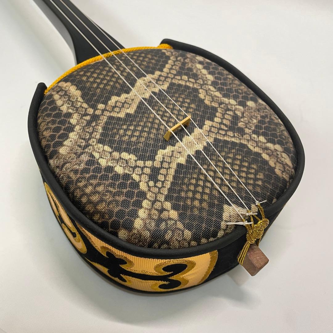 三線蛇柄 弦楽器 琉球 黒塗り ケース付 初心者 入門モデル 美品