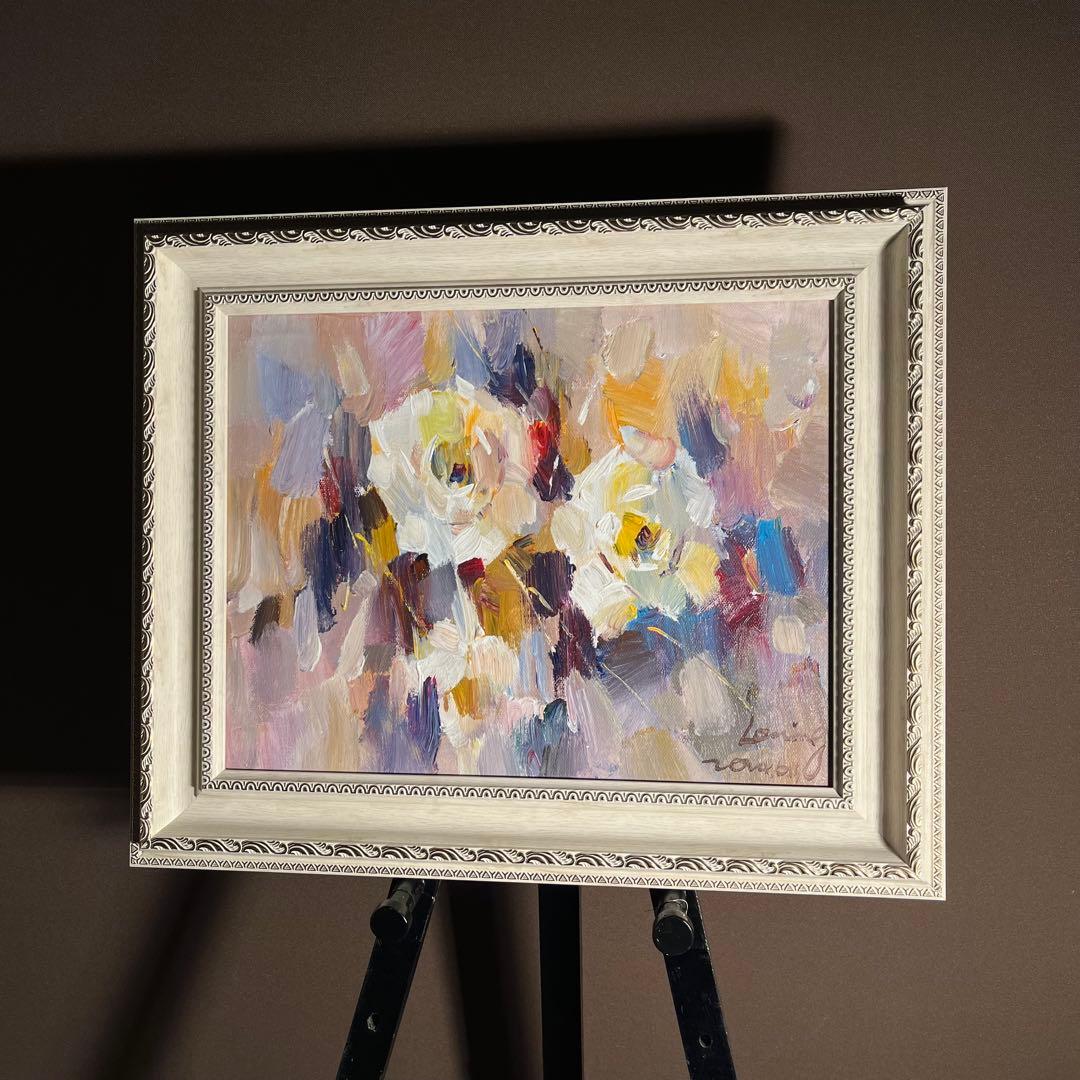 手書き油絵 ホワイトフラワー 額付 肉筆絵画 インテリア 油彩画