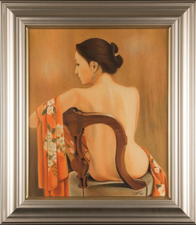 森本草介　油彩　肉筆『背凭れの裸婦』表サイン　裏サイン　F8号　額装　b656