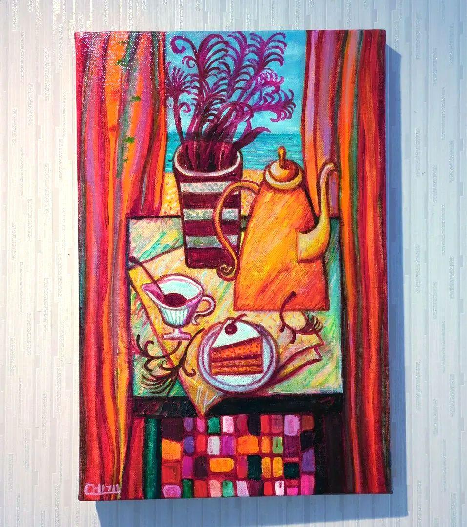 キャンバス油絵　専用　海と砂浜と空が見える窓際のテーブル 　モダンおしゃれアート