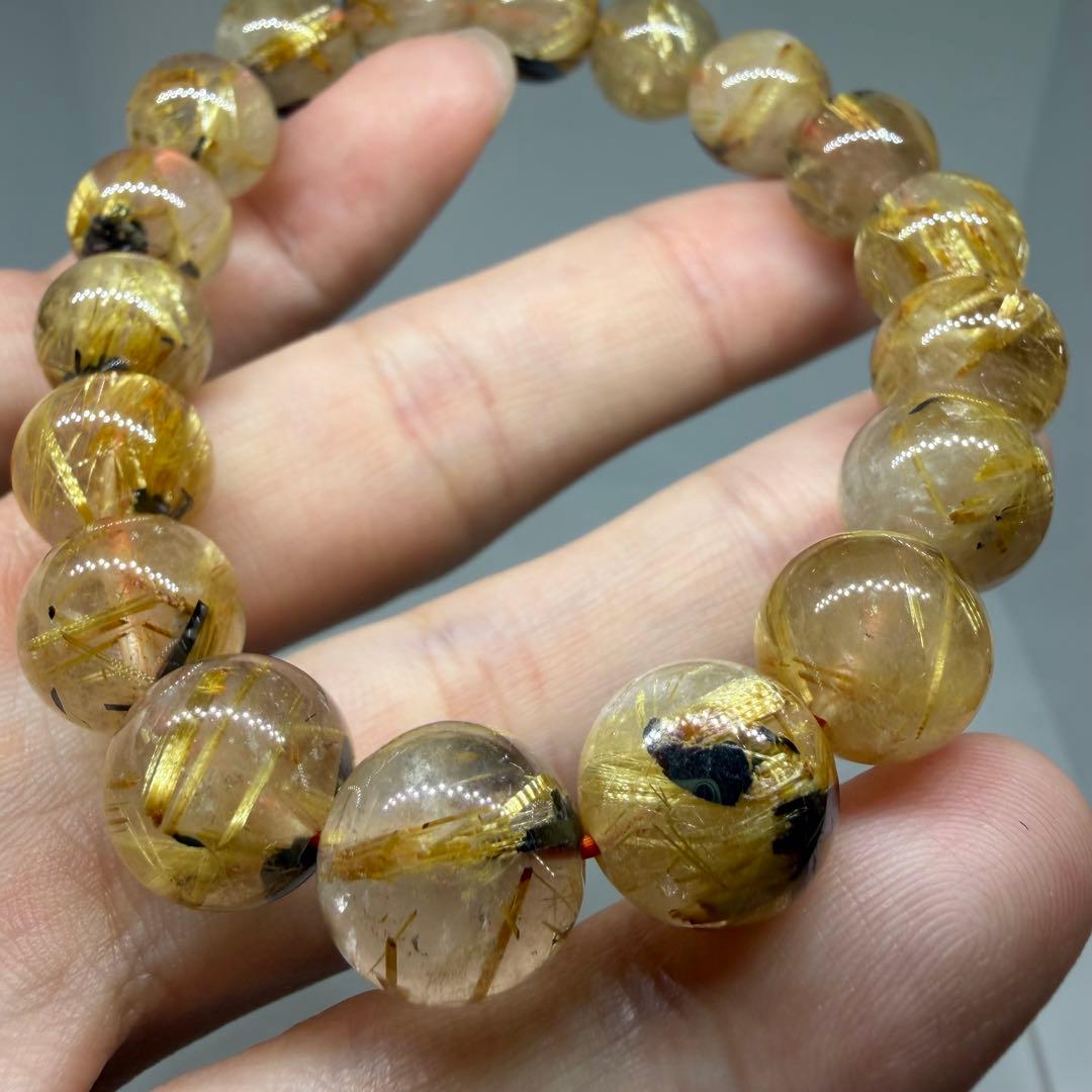 □125ブレスレット太陽放射ゴールドタイチン ルチルクォーツ 金運 z1965□ 太陽放射ルチルクォーツ - ブレスレット6.5mm〜7.4mm - 金運