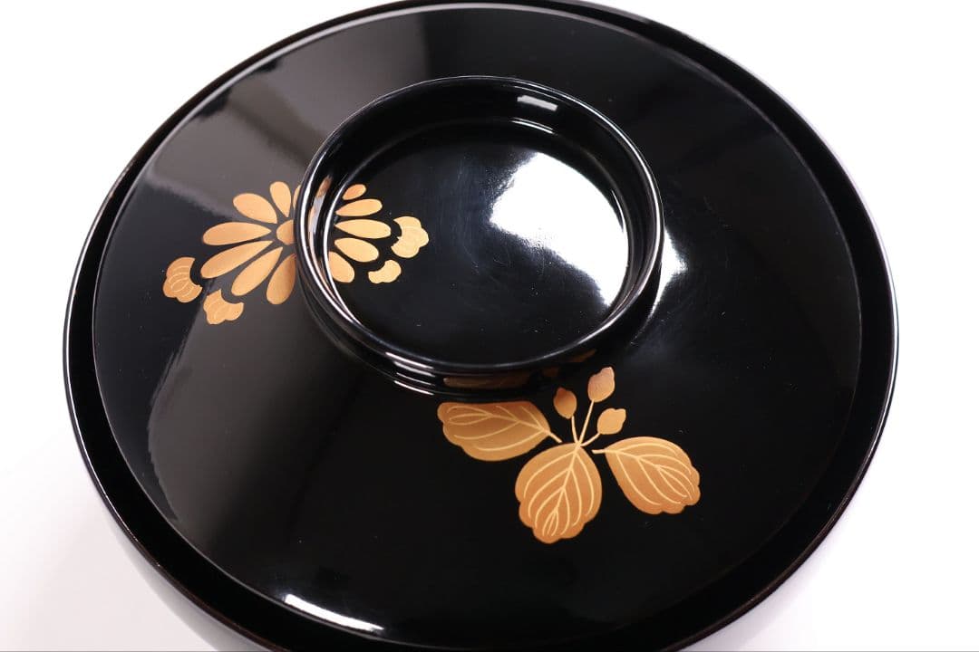 CM401】天然木漆塗 菊桐鳳凰金蒔絵 黒塗 吸物椀 三客 昭和期 木製漆器