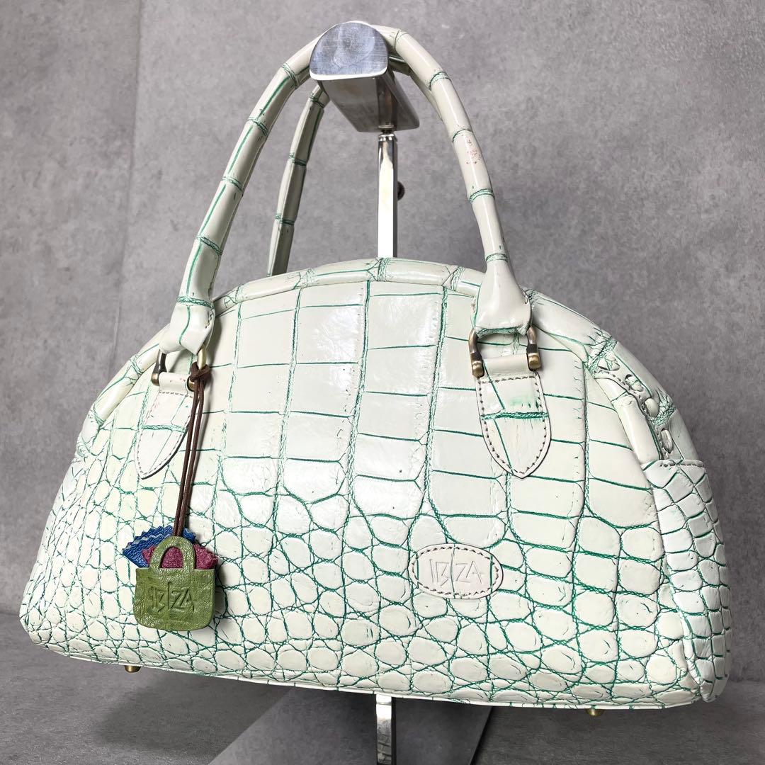 希少カラー 目地染 イビサ クロコダイル マット ミニボストン バニラ グリーン