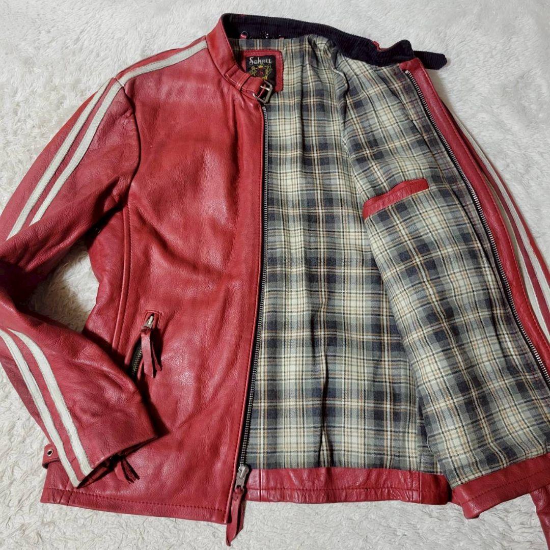 希少✨　ショット　ライダースジャケット　Lサイズ　カウレザー　チェック柄　赤 Yahoo!オークション -「schott ライダース 赤」(ファッション) の落札
