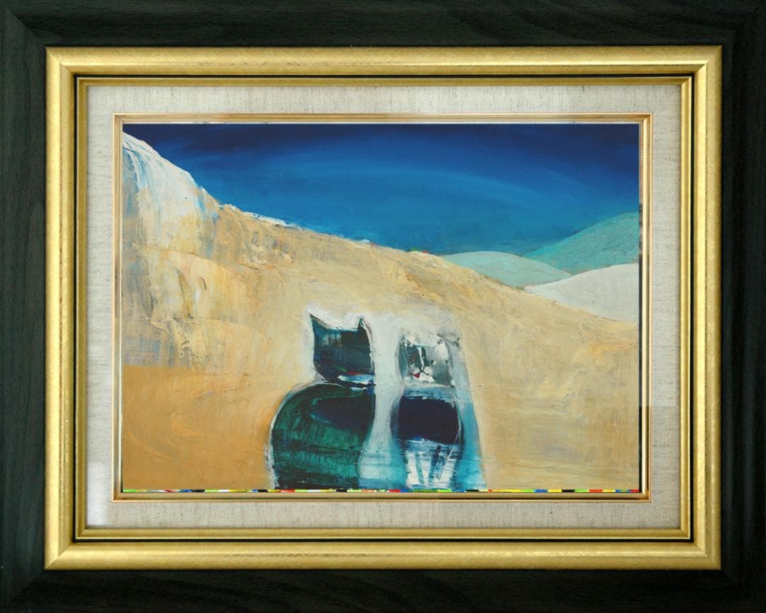 油絵 菅家令子 絵 絵画インテリア額付(青緑＋金色の枠) F6-071019 猫