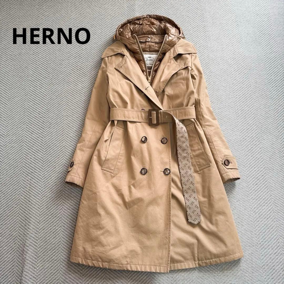 極美品 HERNO ヘルノ ダウンコンビトレンチコート ベルト ベージュ系 ML