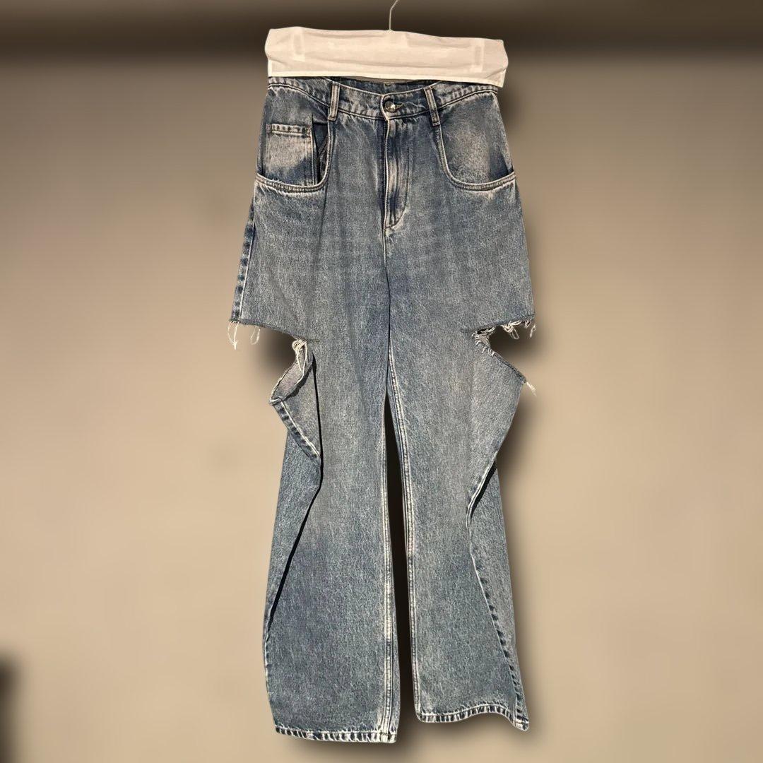 メゾンマルジェラ カットアウトデザイン ライトブルーデニムパンツ44