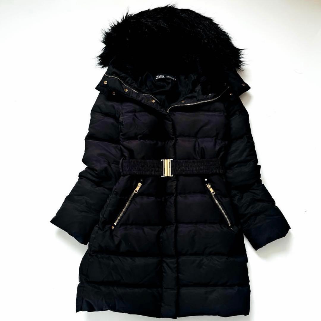 ZARA ザラ パフジャケット ダウンコート ロング丈 フードファー 即完売 ZARA フェイクファーフーデッドダウンパフジャケット ベルト