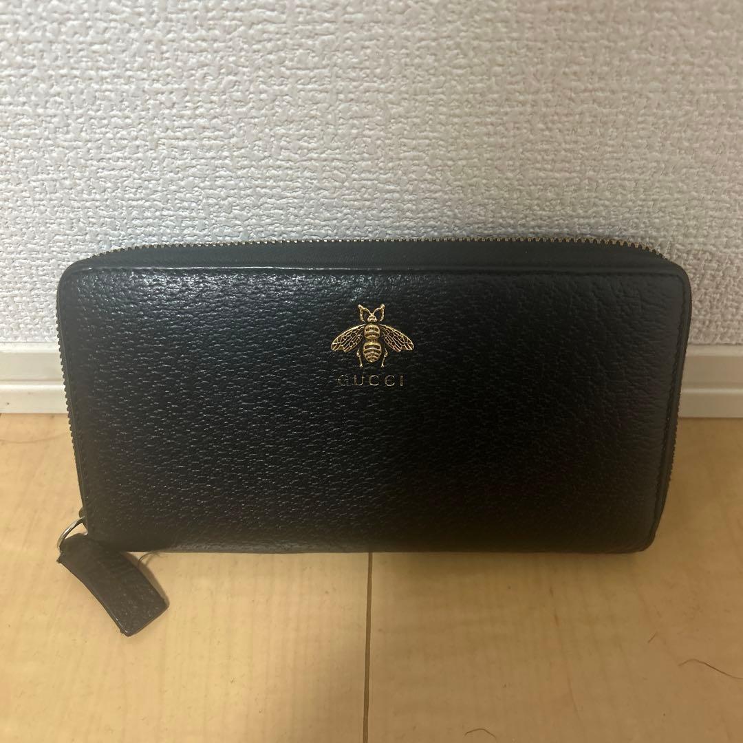 グッチ 長財布 ラウンドファスナー ビー アニマリエ 蜂 レザー ブラック